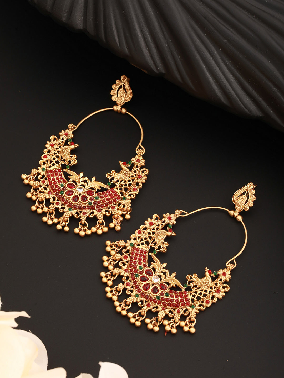 22k Gold Plated Multi Stone Studded & Beaded Temple Chandbali Earrings